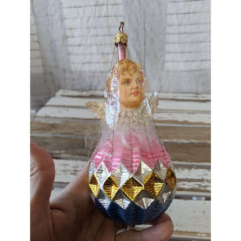 VTG Inge Glas Cherub Above Ball With Tinsel Wire O